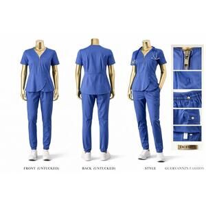 Jaanuu Scrub Set Women’s S Royal Blue Zip Front Peplum Top Jogger Pants Stretch